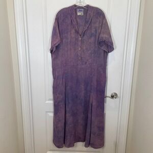 FLAX Tie Dye 100% Linen Maxi Dress Purple Lagenlook Short Sleeve Shawl Collar L